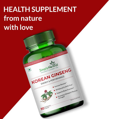 Simply Herbal Korean Red Ginseng 1000mg – 90 Veg Capsules | Energy, Vitality & Stamina Support | Herbal Adaptogen Supplement for Men & Women
