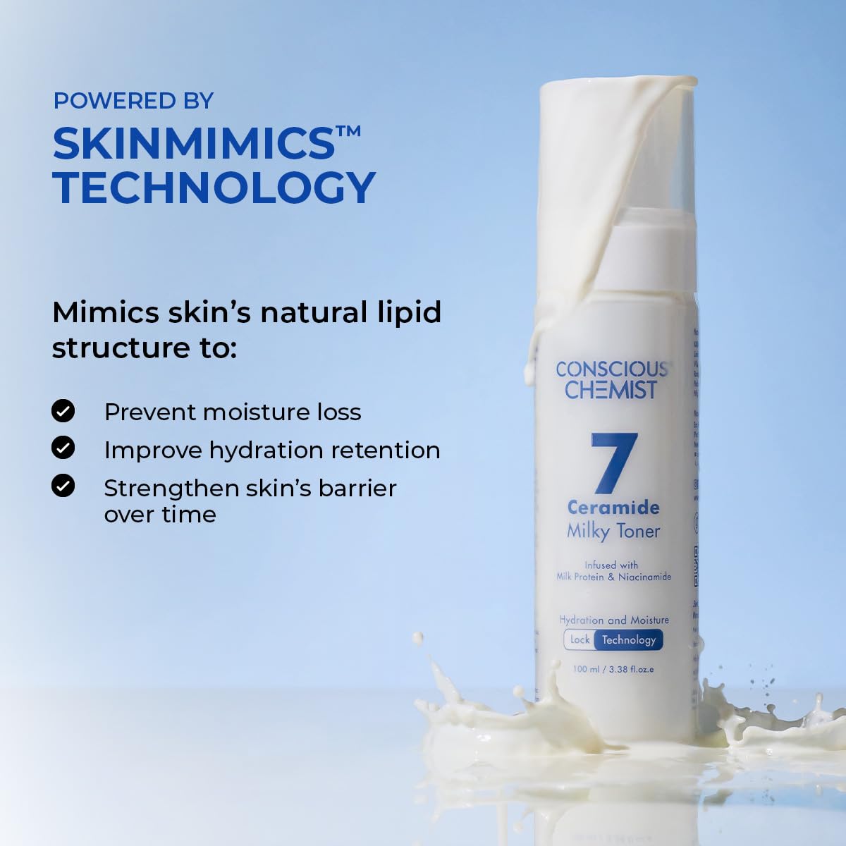 Conscious Chemist Ceramide Milky Toner bottle with text about Skin Mimics Technology on a blue background