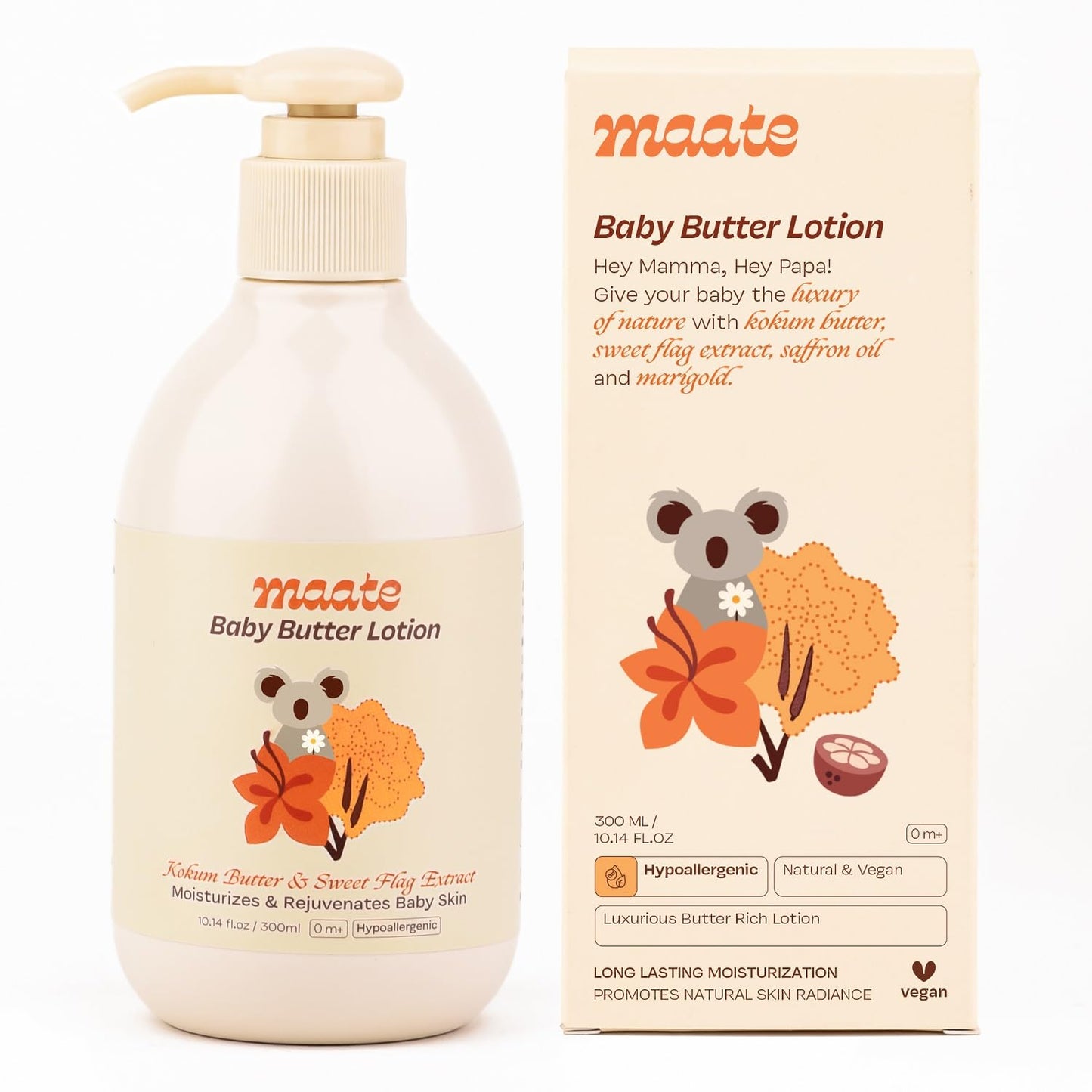 Maate Body Butter Lotion (300ml) | Enriched with Pure Kokum Butter & Sweet Flag Extract | Gentle Cream for Face, Skin & Body | Moisturizing Lotion for Kids 0–12 Years | Body Moisturizer