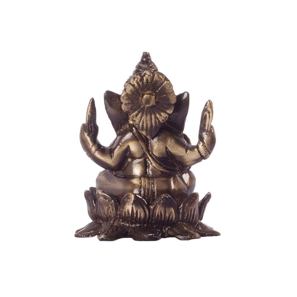 Antique Finish Lord Ganesha on Lotus Brass Idol (6.25 cm x 6.25 cm x 8.75 cm, Brown)