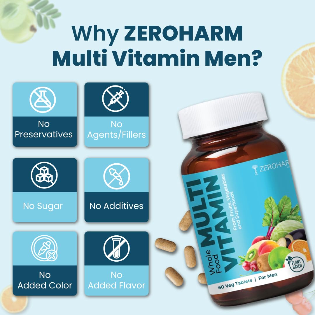 ZEROHARM Multivitamin Tablets for Men | Whole Food Multivitamin with Essential Vitamins A, B, C, D, E & Iron, Zinc, Magnesium | Daily Supplements for Immunity & Energy Support | 60 Veg Tablets