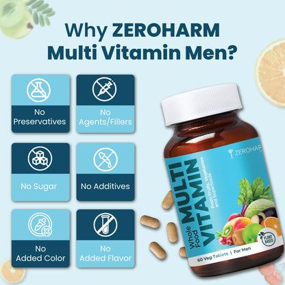 ZEROHARM Multivitamin Tablets for Men | Whole Food Multivitamin with Essential Vitamins A, B, C, D, E & Iron, Zinc, Magnesium | Daily Supplements for Immunity & Energy Support | 60 Veg Tablets