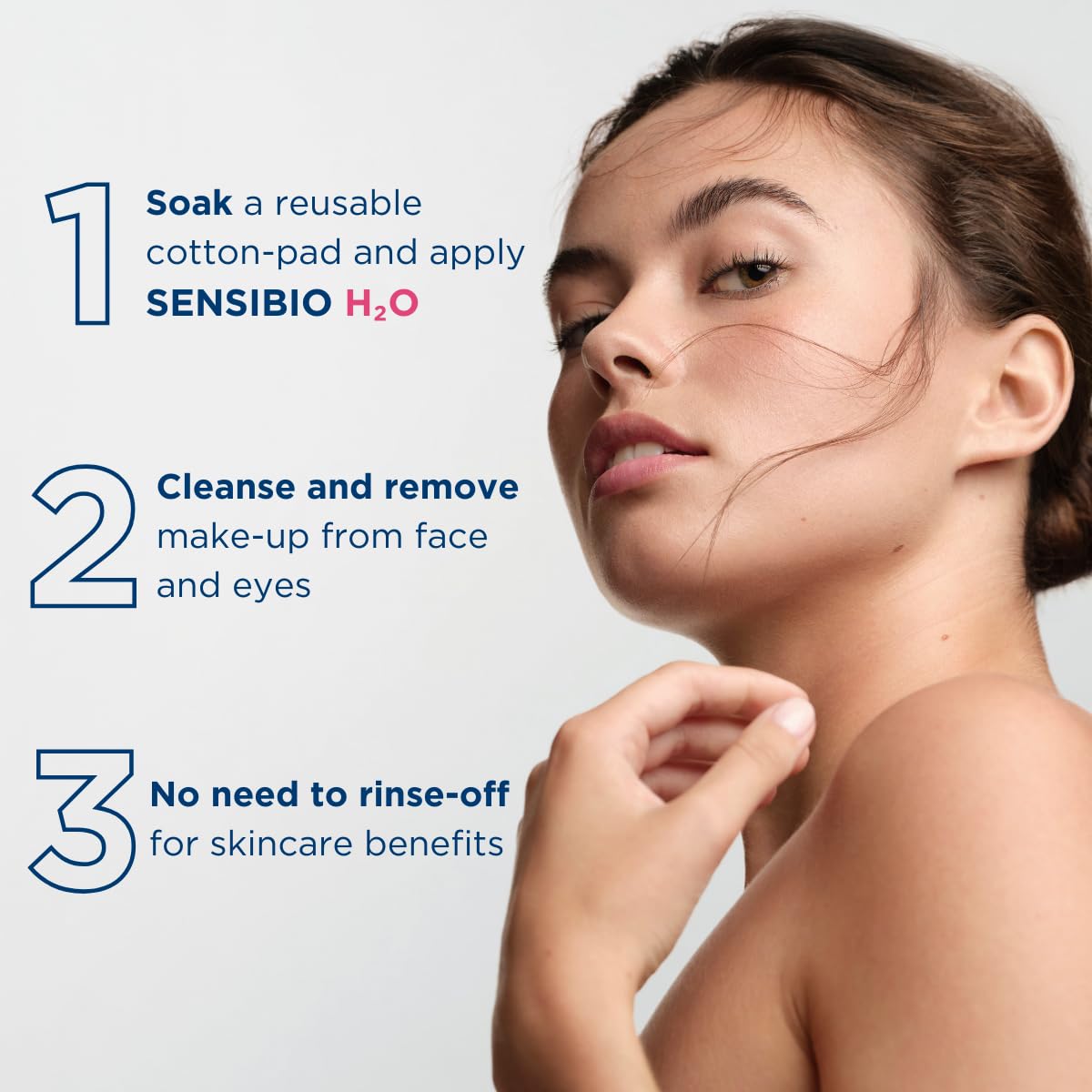 Woman applying Sensibio H2O to her face with skincare instructions on a white background