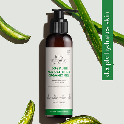 Juicy Chemistry Organic Aloe Vera Gel, 110 ml Multipurpose Gel | 100% Pure Aloe Vera Gel for Face, Hair & Body | Fresh and Soothing | Free from Parabens, Sulphates, Mineral Oils | For Men & Women