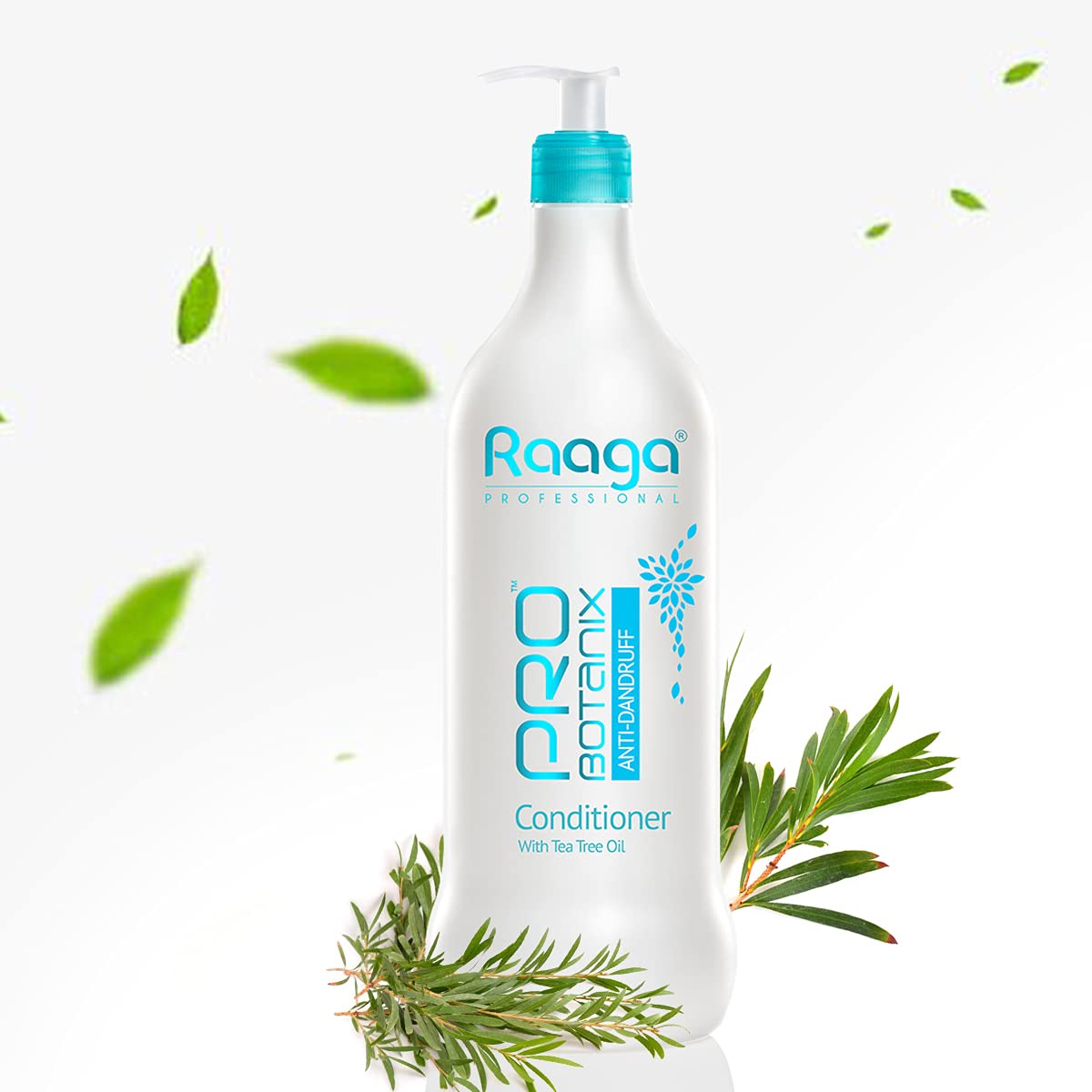 Raaga Pro Botanix AntiDandruff Conditioner bottle with green leaves on a white background