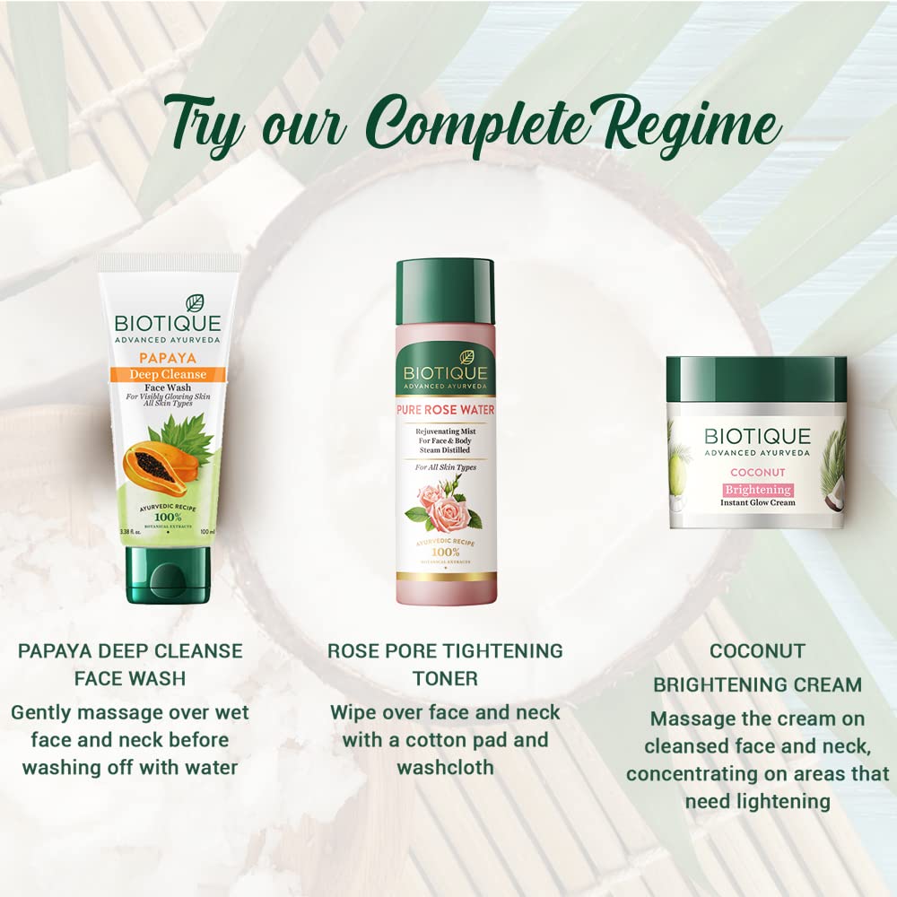 Biotique Coconut Brightening Instant Glow Cream | Lightweight and Non-Greasy | Reduces Dark Spots and Protects Ageing | Nourished and Moisturized Skin 75ml