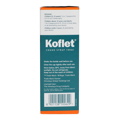 Koflet cough syrup packaging with text and branding on a white background