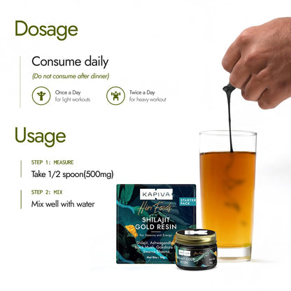 Kaphia Shilajit Gold Resin product with usage instructions and a glass of liquid.