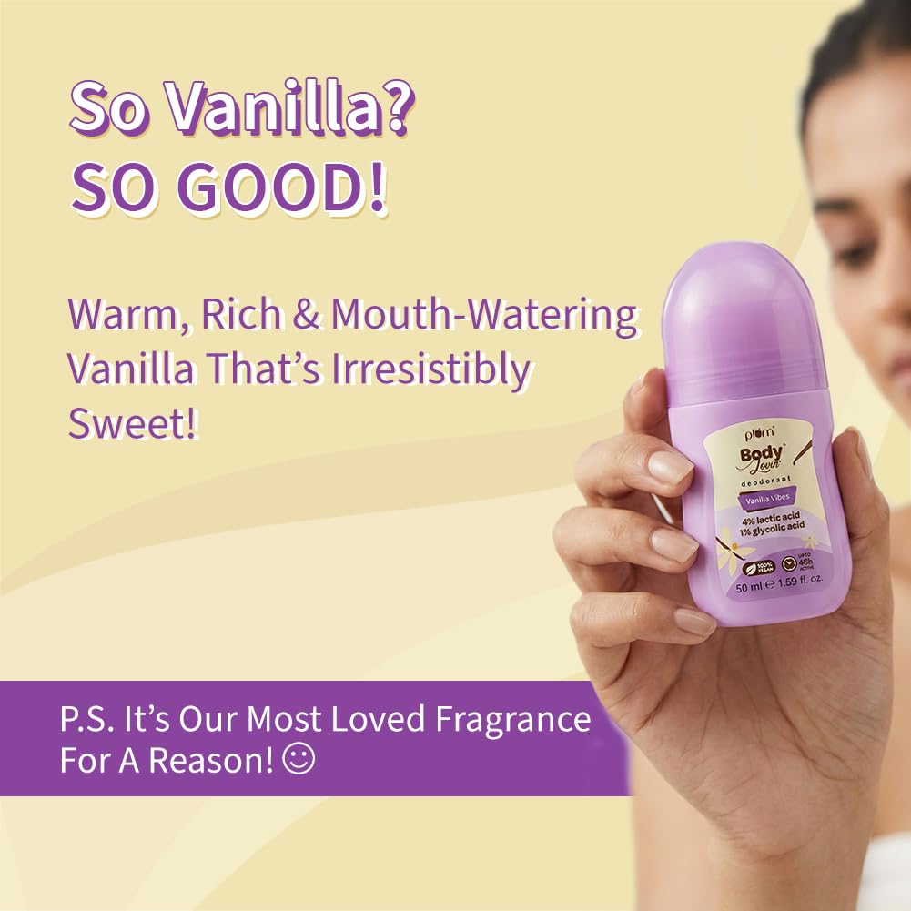 Plum BodyLovin' Vanilla Vibes Underarm Roll On for Women | Last Up to 48H | 4% Lactic Acid & 1% Glycolic Acid | Controls Odor & Fades Underarm Darkness | Warm Vanilla Fragrance Underarm Roll On | 50ml