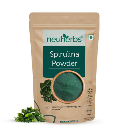 Neuherbs Spirulina Powder packaging with green powder and leaves on a white background