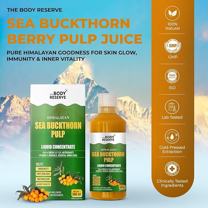 Sea Buckthorn Berry Pulp Juice packaging with mountain background