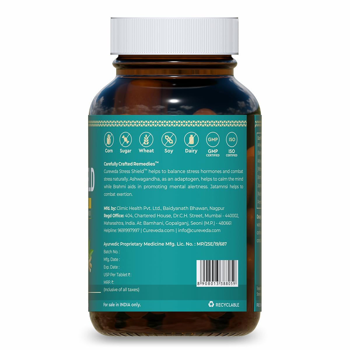 Brown supplement bottle with a green label on a white background