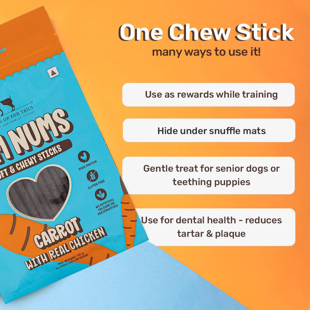 Yum Nums by HUFT Soft & Chewy Sticks - 70gm | Carrot with Chicken | Dog & Puppy Treats | Training Treats for Small & Adult Dogs | High-Protein, Soft & Tasty Snacks