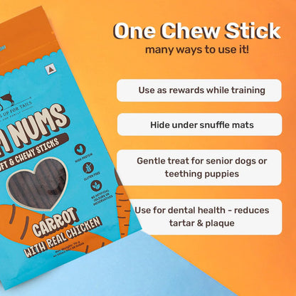 Yum Nums by HUFT Soft & Chewy Sticks - 70gm | Carrot with Chicken | Dog & Puppy Treats | Training Treats for Small & Adult Dogs | High-Protein, Soft & Tasty Snacks