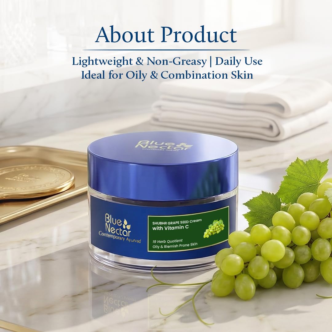 Blue Nectar Plant Based Vitamin C Face Moisturizer for Oily Acne Prone Skin with Grapeseed | Oil Free Lightweight Cream for Women (19 herbs, 50g)
