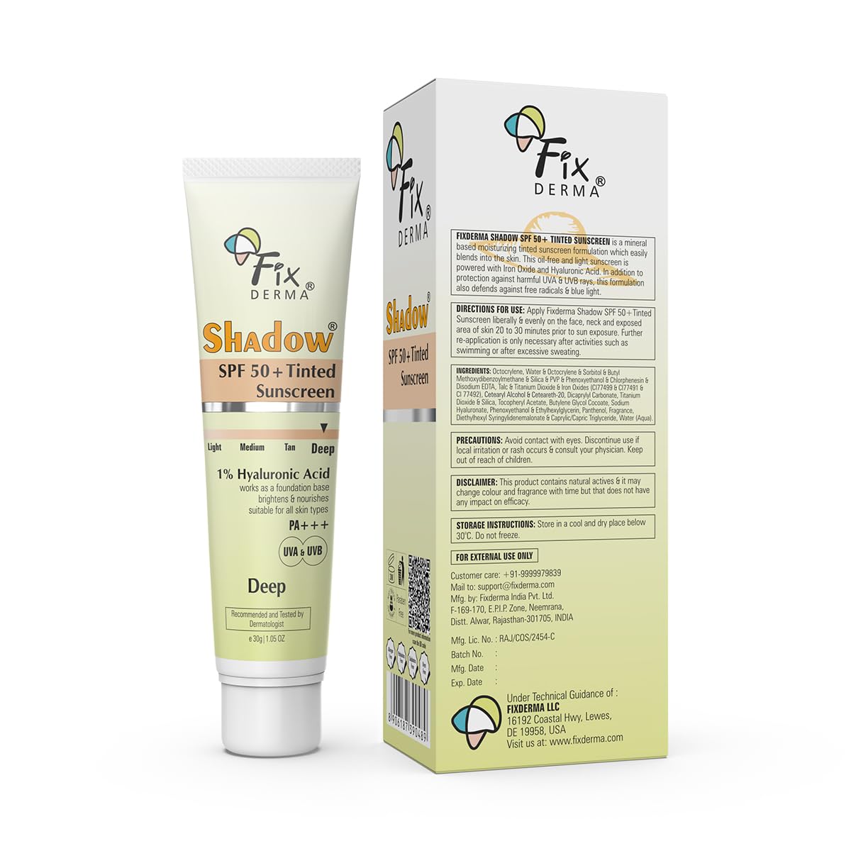 Fixderma Shadow Tinted Sunscreen Deep SPF 50 PA+++ | 1% Hyaluronic Acid & Vitamin E | Brightens & Nourishes the Skin | UVA & UVB Protection | Lightweight | No White Cast | For All Skin Types - 30gm