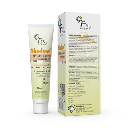 Fixderma Shadow Tinted Sunscreen Deep SPF 50 PA+++ | 1% Hyaluronic Acid & Vitamin E | Brightens & Nourishes the Skin | UVA & UVB Protection | Lightweight | No White Cast | For All Skin Types - 30gm