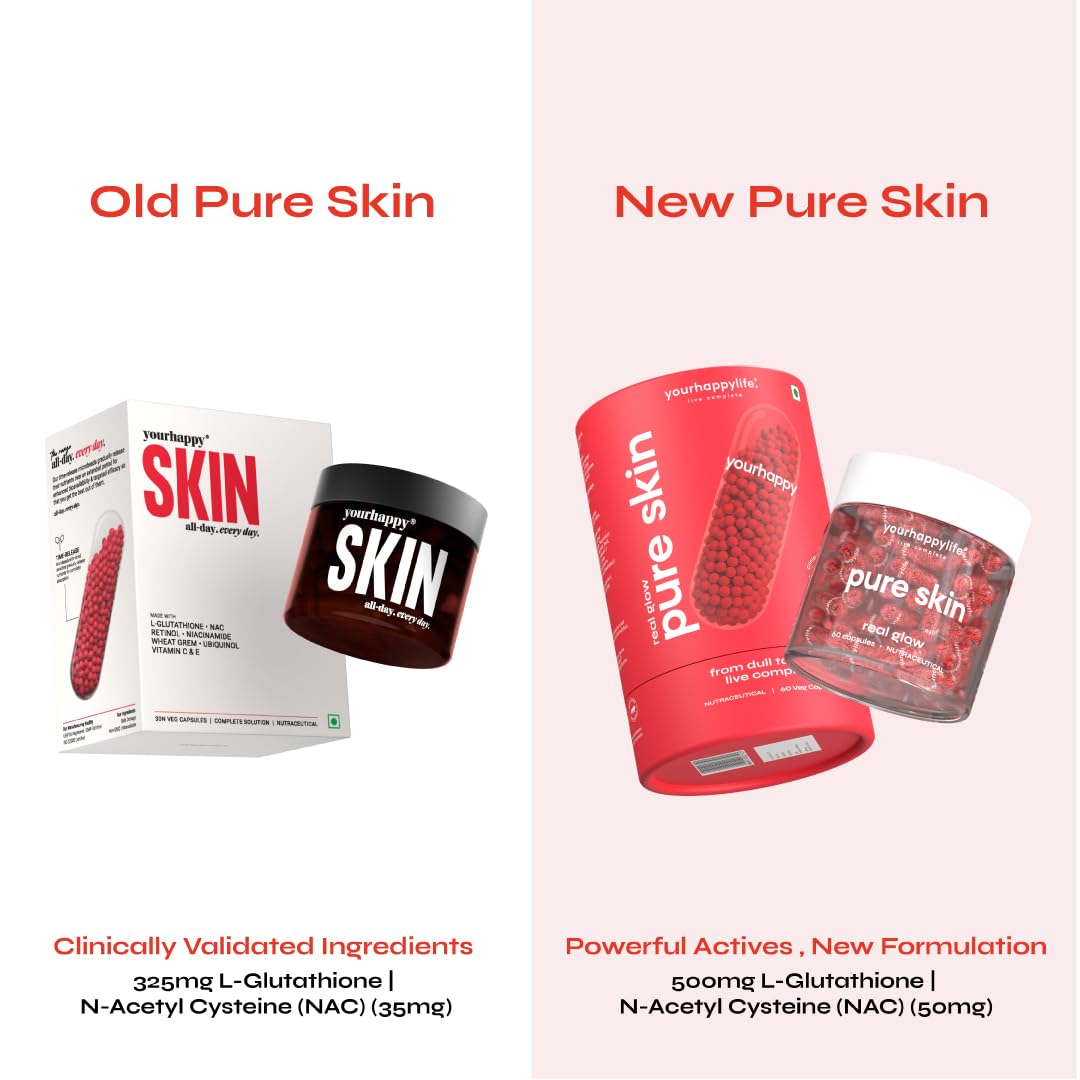 Comparison of 'Old Pure Skin' and 'New Pure Skin' products with text highlighting differences.