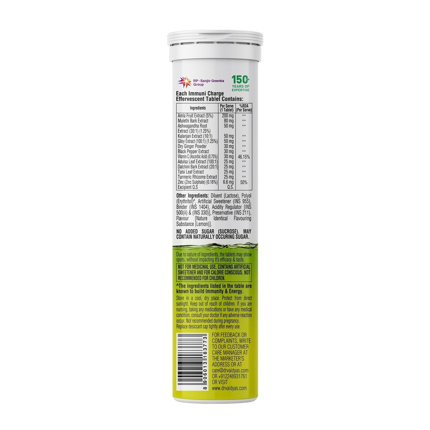 Dr. Vaidya's Immuni Charge Effervescent | No Added Sugar | Boosts Immunity With Vitamin C, Amla & Zinc | Lemon Flavour | (15 Tablets Each)