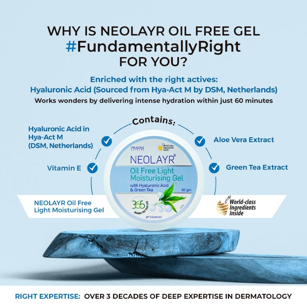 NEOLAYR Oil Free Light Moisturizing Gel | Hyaluronic Acid Moisturiser | Gives Skin an Oil Free Glow | Complete Skin Hydration in 60 Minutes | For Men & Women (50)