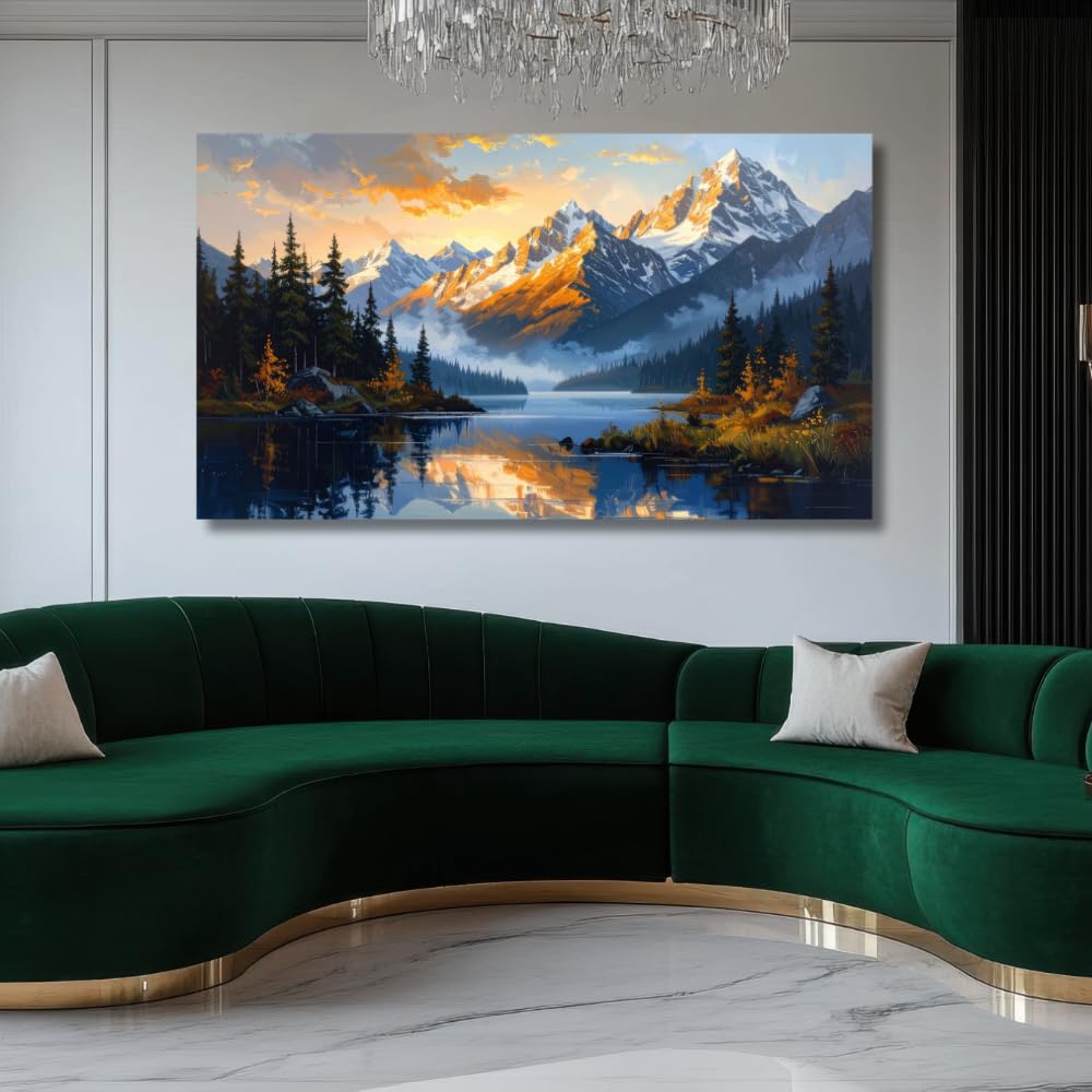 Luxury Artistic Snow Mountain Painting For Living Room Big Size | Nature Canvas Landscape Wall Art Painting For Bedroom, Office | Large Size Mountain Snow Peak With Lake Wall Art | Premium Home Decor (40 X 24 INCH, Unframed - LARGE)