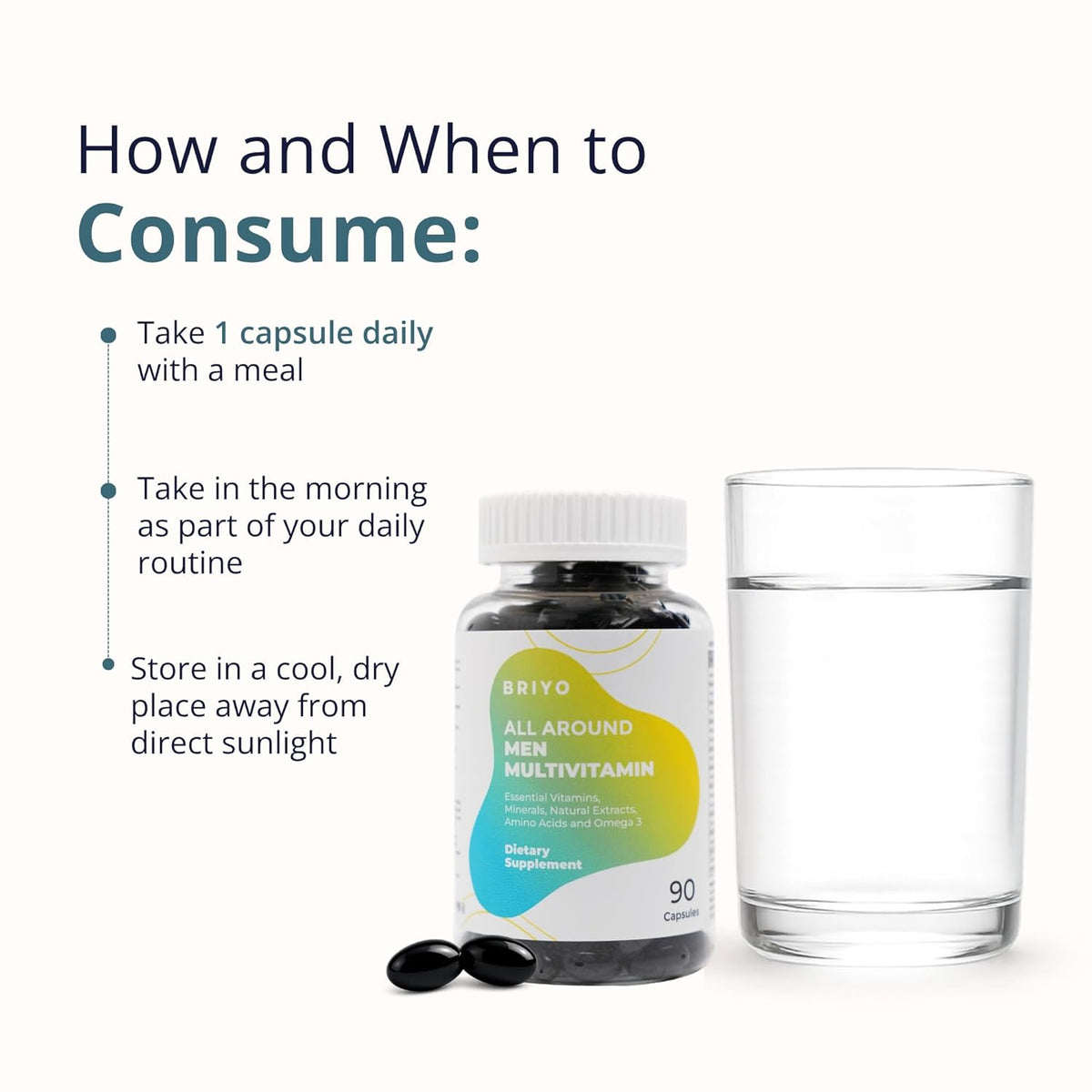 Briyo multivitamin bottle with capsules and a glass of water on a white background