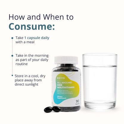 Briyo multivitamin bottle with capsules and a glass of water on a white background