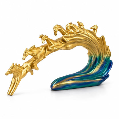 eCraftIndia Golden Running Horse Family Showpiece for Home Décor | Abstract Horse Sculpture with Blue Wave Base | Decorative Figurine for Living Room, Office Table & Gifting
