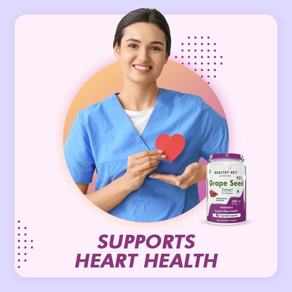 Person in blue scrubs holding a red heart with a bottle labeled 'Grape Seed Extract' on a light purple background.