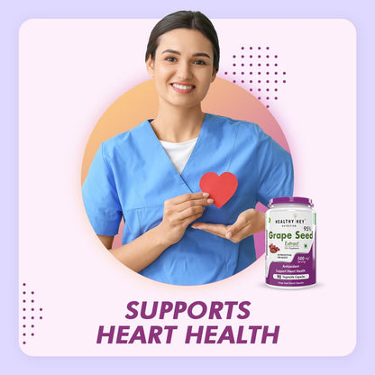 Person in blue scrubs holding a red heart with a bottle labeled 'Grape Seed Extract' on a light purple background.