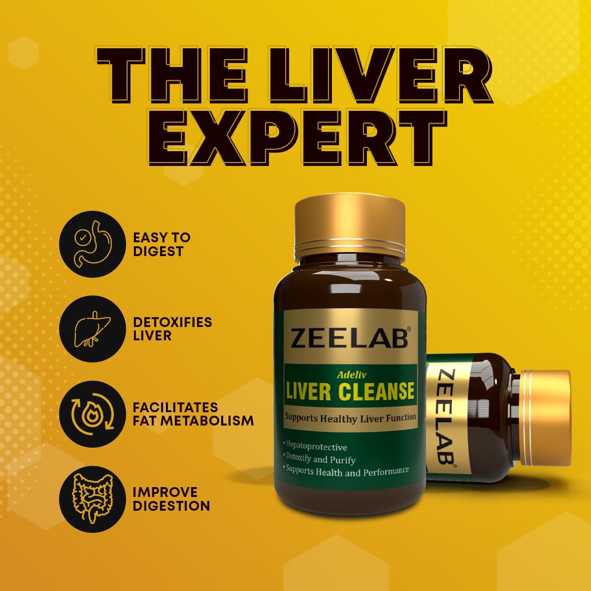 Zeelab Liver Cleanse supplement bottle with features on a yellow background