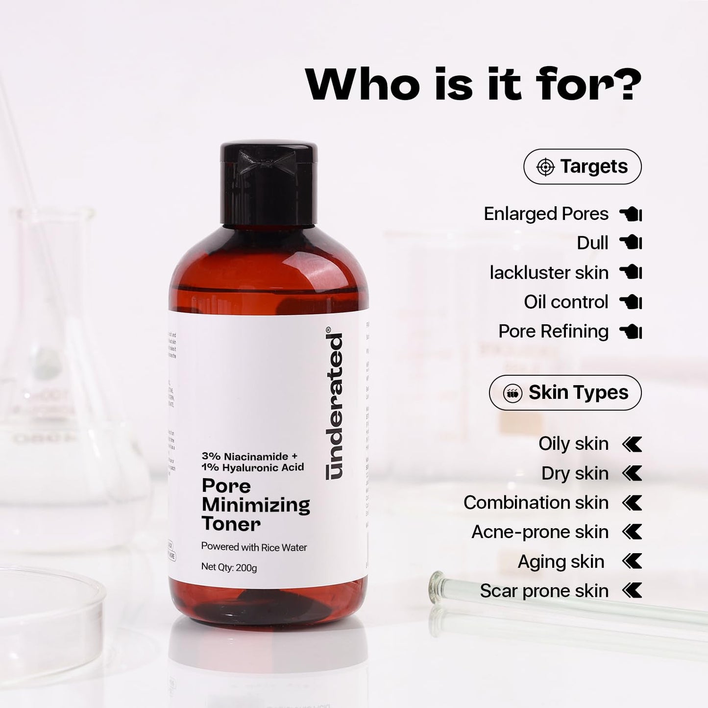 Underated 3% Niacinamide Face Toner with 1% Hyaluronic Acid & Rice Water | Toner for Oily & Acne Prone Skin | Glowing Skin & Hydration | For Women & Men | 200 g