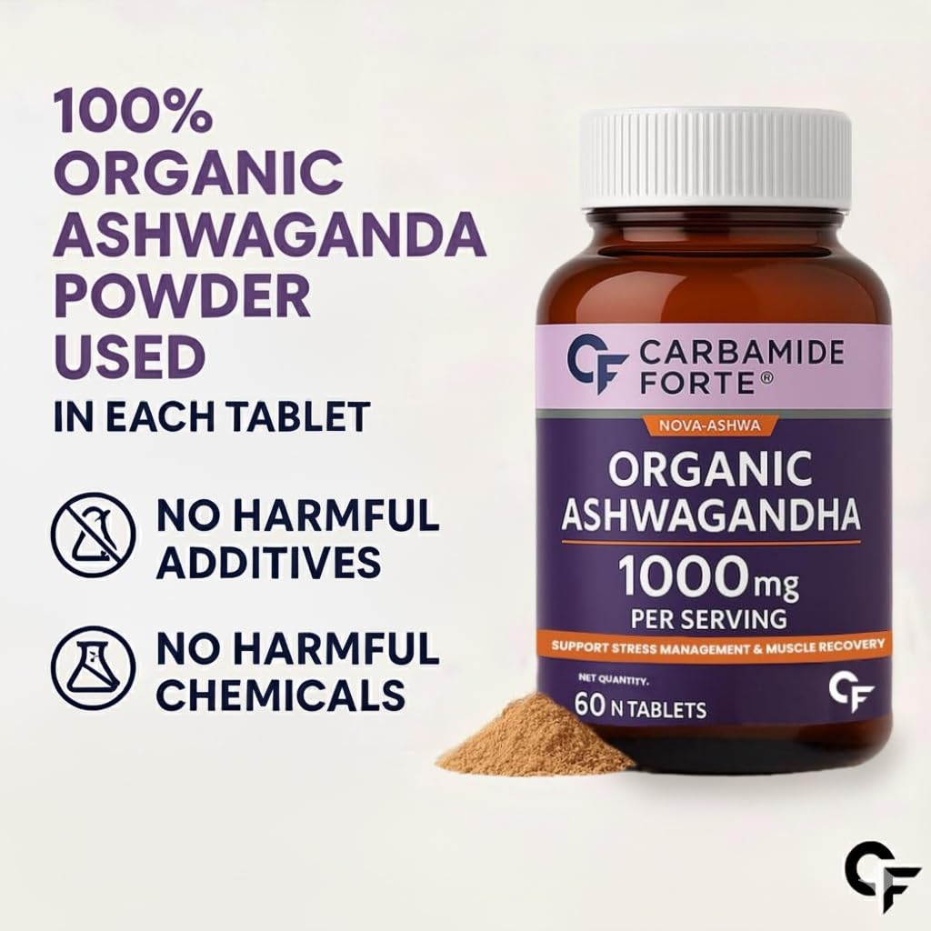 Bottle of Organic Ashwagandha supplement with powder on a white background