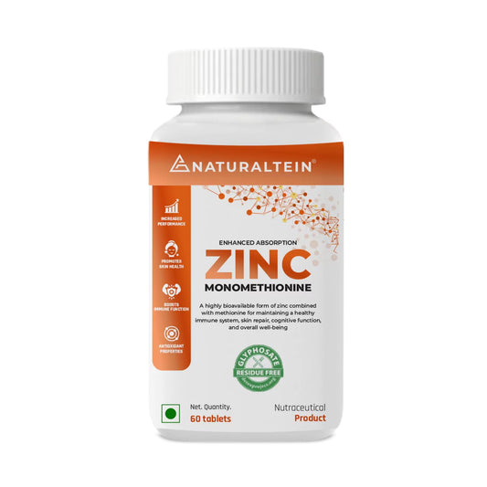 Bottle of Naturaltein Zinc Monomethionine supplement on a white background