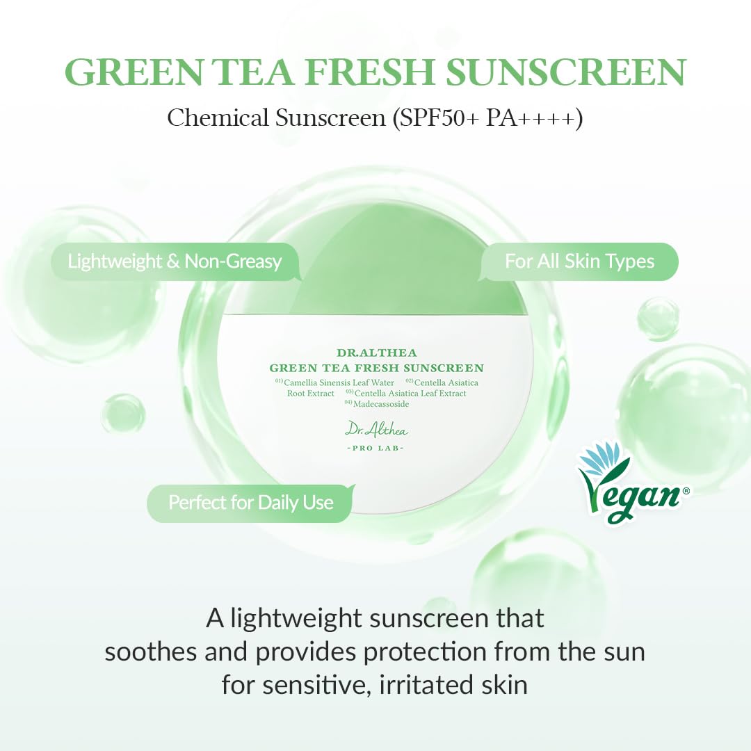 Green tea fresh sunscreen packaging with product details on a white background