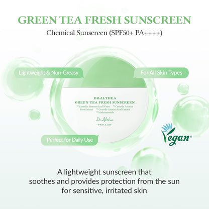 Green tea fresh sunscreen packaging with product details on a white background