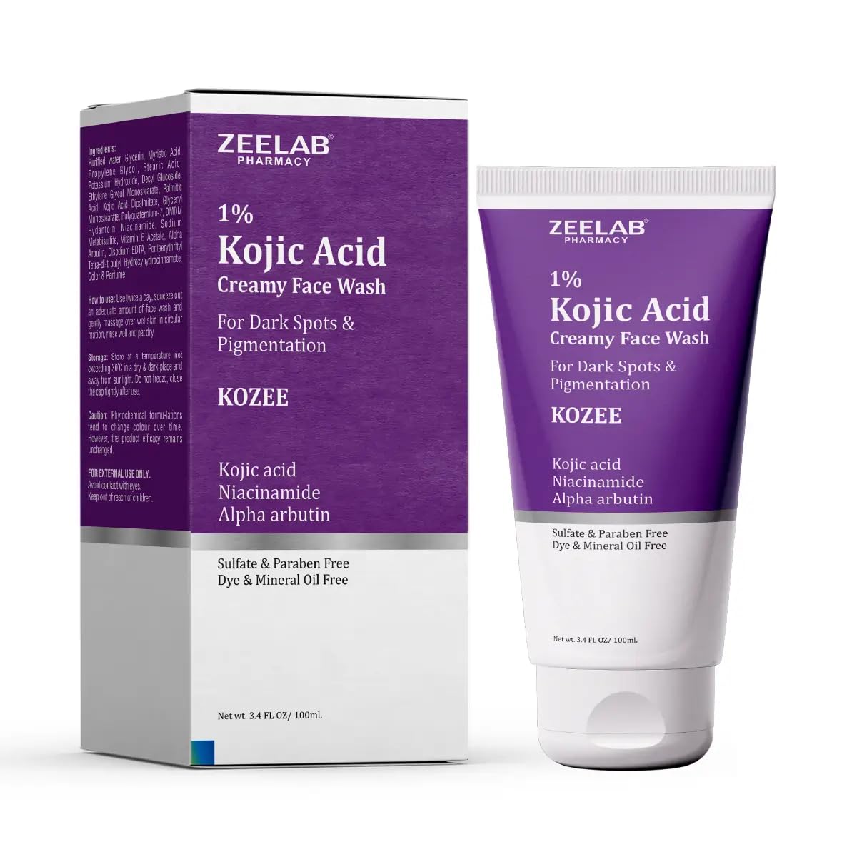 Zeelab Kojic Acid Creamy Face Wash packaging and tube on a white background