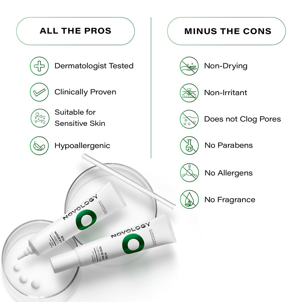 Novology skincare product with pros and cons listed on a white background