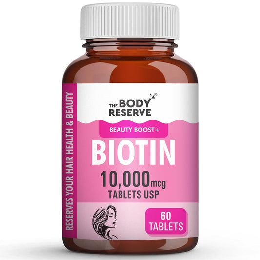 Bottle of Biotin supplement by The Body Reserve on a white background