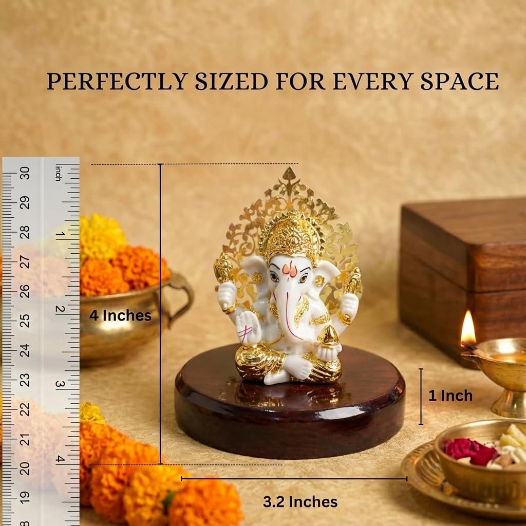 24k Gold Plated Kalpavrikshya Tree Ganesh Idol Ganpati Murti for Car Dashboard, Office Desk, Hindu God Gift & Home Decor - Resin (White)