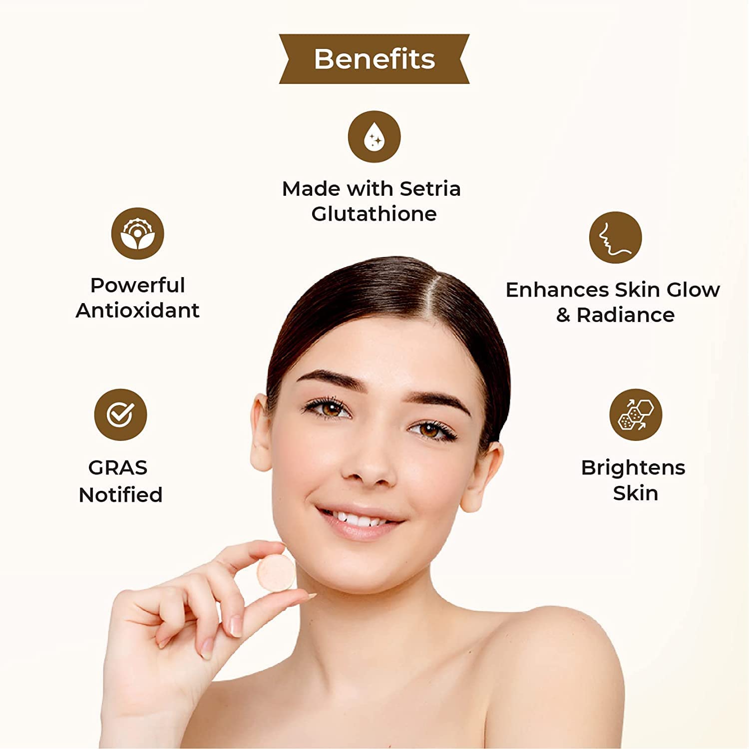 Woman holding a skincare product with benefits listed on a white background