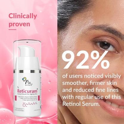 Fixderma .05% Pure Retinol Reticuram Face Serum for Anti Aging, Boost Collagen, Night Face Serum with Retinol & Vitamin C to Reduce Fine Lines & Wrinkles for Unisex - 15ml