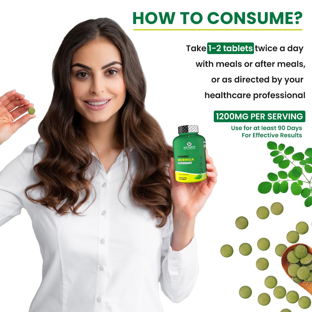 Woman holding a bottle and a tablet with dietary supplement information on a white background
