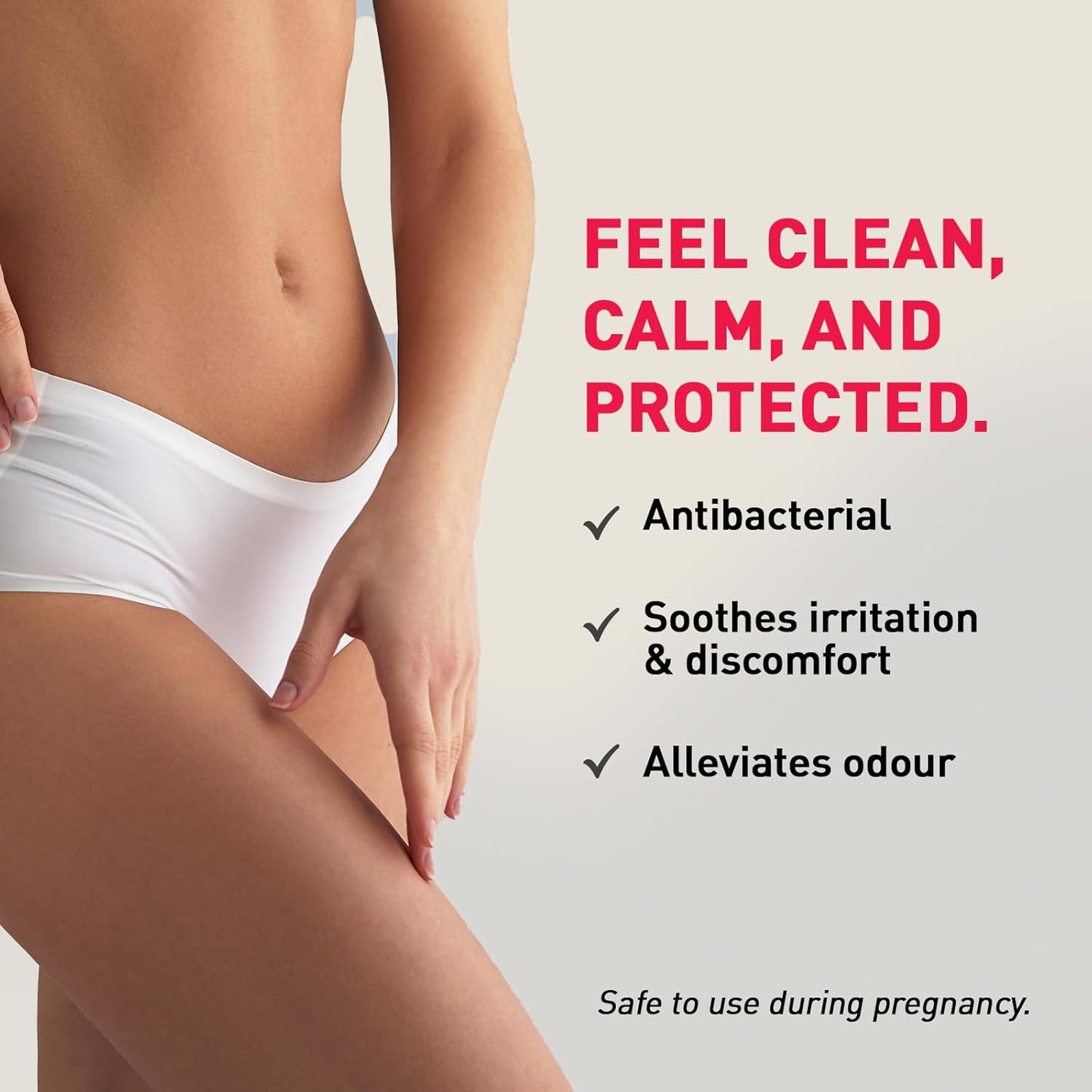 Person wearing white underwear with text highlighting product benefits on a light gray background