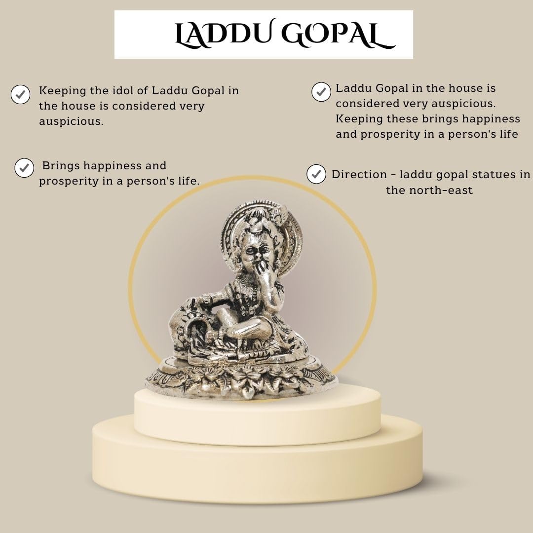 Lavanaya Silver - Silver Finish Laddu Gopal Idol for Home Temple – Decorative Bal Krishna Murti for Pooja & Gifting – Handcrafted Metal Statue (Small Size)