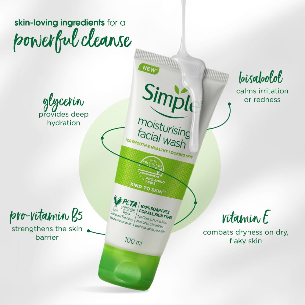 Simple moisturising facial wash tube with text highlighting ingredients on a white background