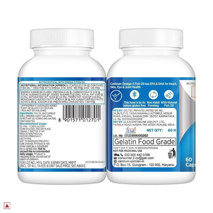 Centrum Omega 3 Fish Oil Capsules 1000mg Supplements | Omega 3 with 180mg EPA, 120mg DHA for Hair and Skin Health, Joint Health, Brain Health | No Fishy Aftertaste - 60 Capsules