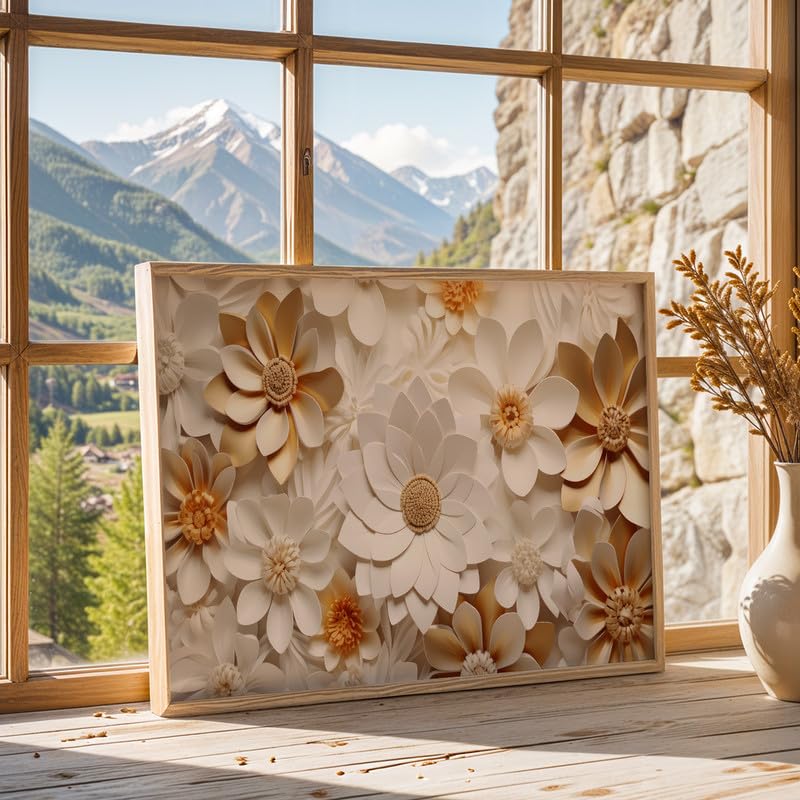 Floral Wall Painting with Frame Set of 1 | Premium White & Gold Flower Artwork, Luxury Textured Botanical Wall Decor for Living Room Bedroom Office Home Decoration (Art-10,13x19inch)