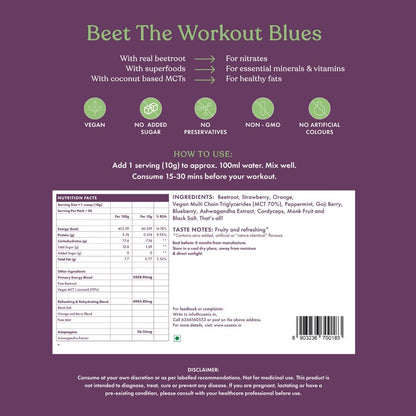 Cosmix Pure Plant Pre-Workout | Caffeine-Free Energy&Endurance | Muscle Recovery | 60g (50 Servings) | Beetroot Nitrates & Coconut Mcts | No Preservatives/Added Sugar | Plant Based | 200g Pack, Powder