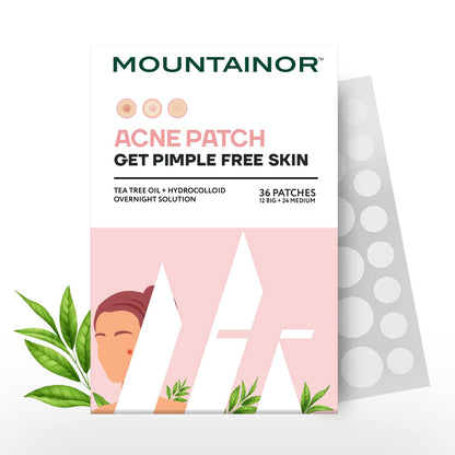 Mountainor acne patch packaging with tea tree oil and hydrocolloid solution on a white background